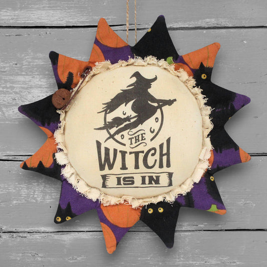 Primitive Halloween Sunflower Ornament - Witch Is In Silhouette