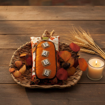Decorative pillow shaped like a pumpkin with 'FALL' letters on a woven plate with autumn-themed decorations.