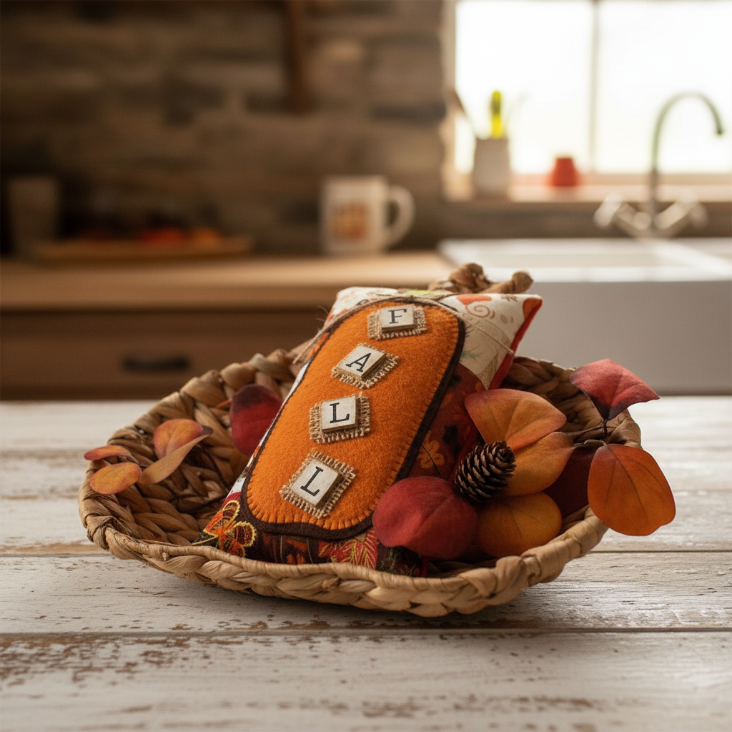 Decorative pillow with 'FALL' text in a woven basket on a kitchen counter.