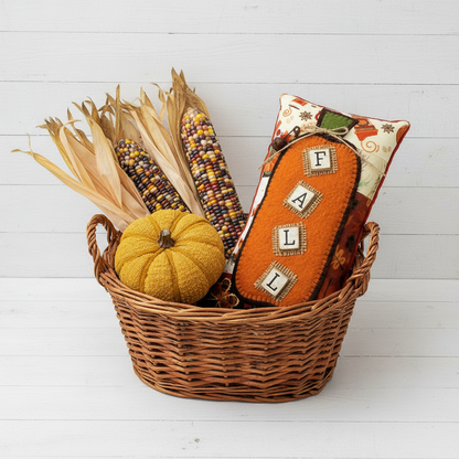 Basket with decorative items including a pumpkin, corn, and a pillow with 'FALL' letters on a white wooden background.