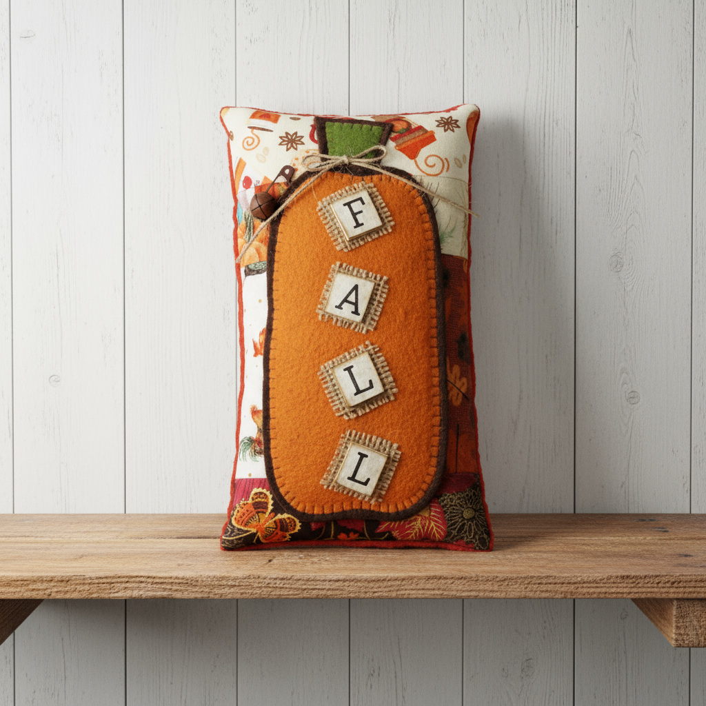 Decorative pillow with 'FALL' letters on an orange background, placed on a wooden surface with a light wooden panel background.