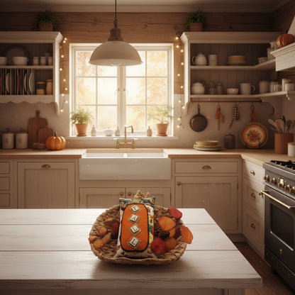 Decorative pillow with 'FALL' letters on a woven tray with autumn-themed decorations.