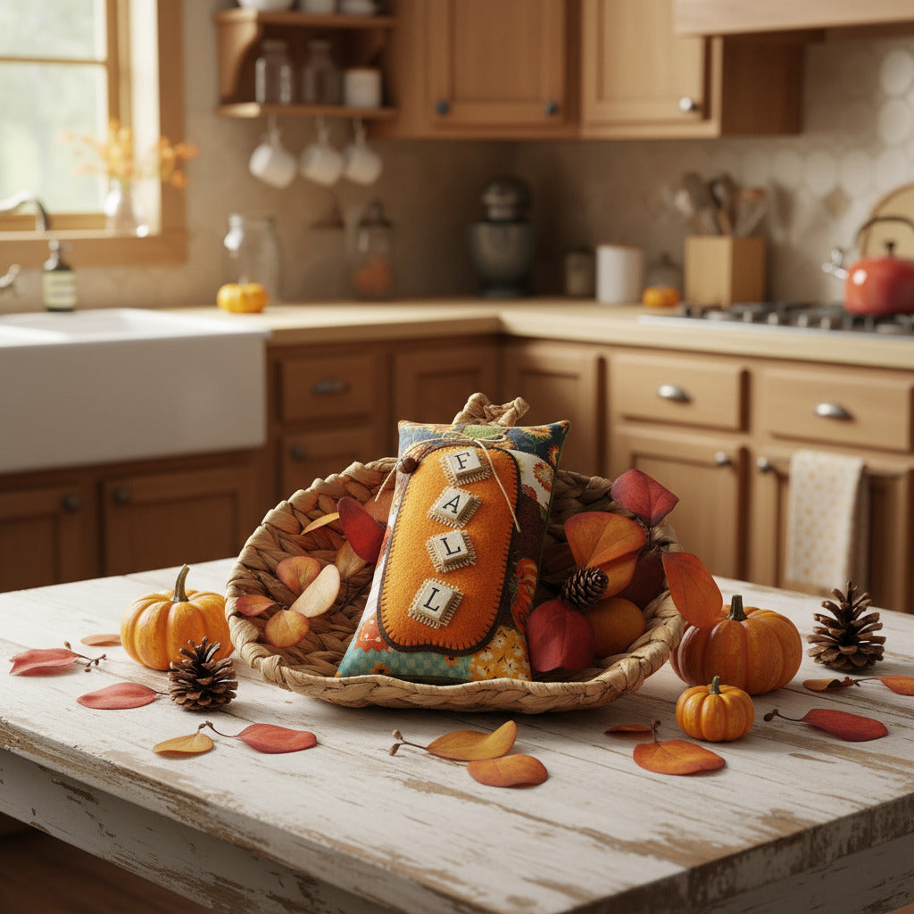 Decorative pillow with 'FALL' text on a woven basket with autumn leaves and pinecones.