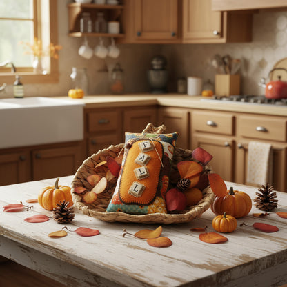 Decorative pillow with 'FALL' text on a woven basket with autumn leaves and pinecones.
