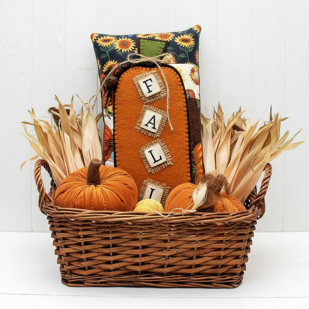 Decorative basket with pumpkins, a pillow, and corn stalks on a white background