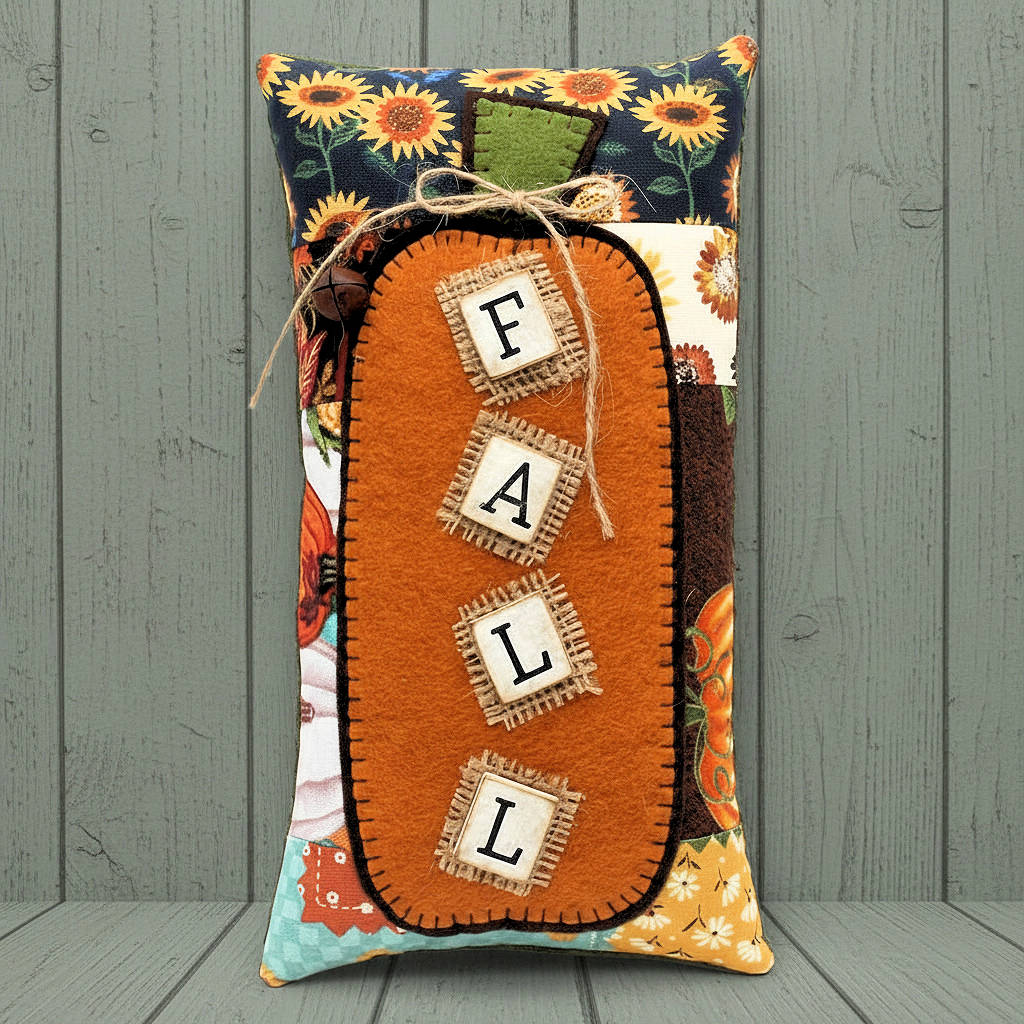 Decorative pillow with 'FALL' text and autumnal patterns on a wooden background