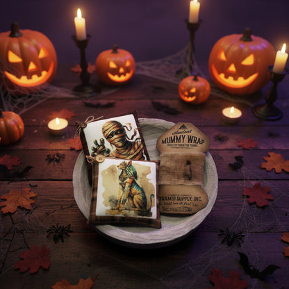Set of two Halloween mummy mini pillow bowl fillers plus a card of mummy wrap