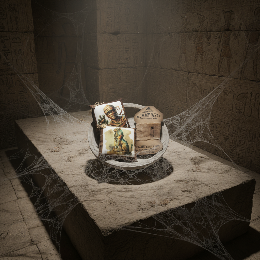 Set of two mummy bowl filler pillow tucks and a card of mummy wrap