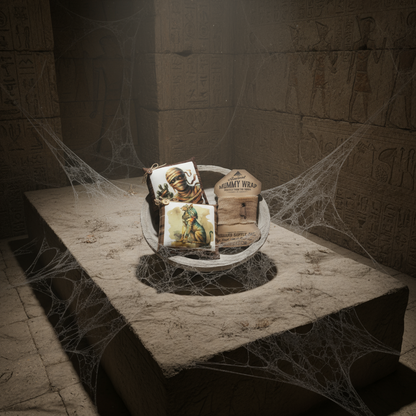 Set of two mummy bowl filler pillow tucks and a card of mummy wrap