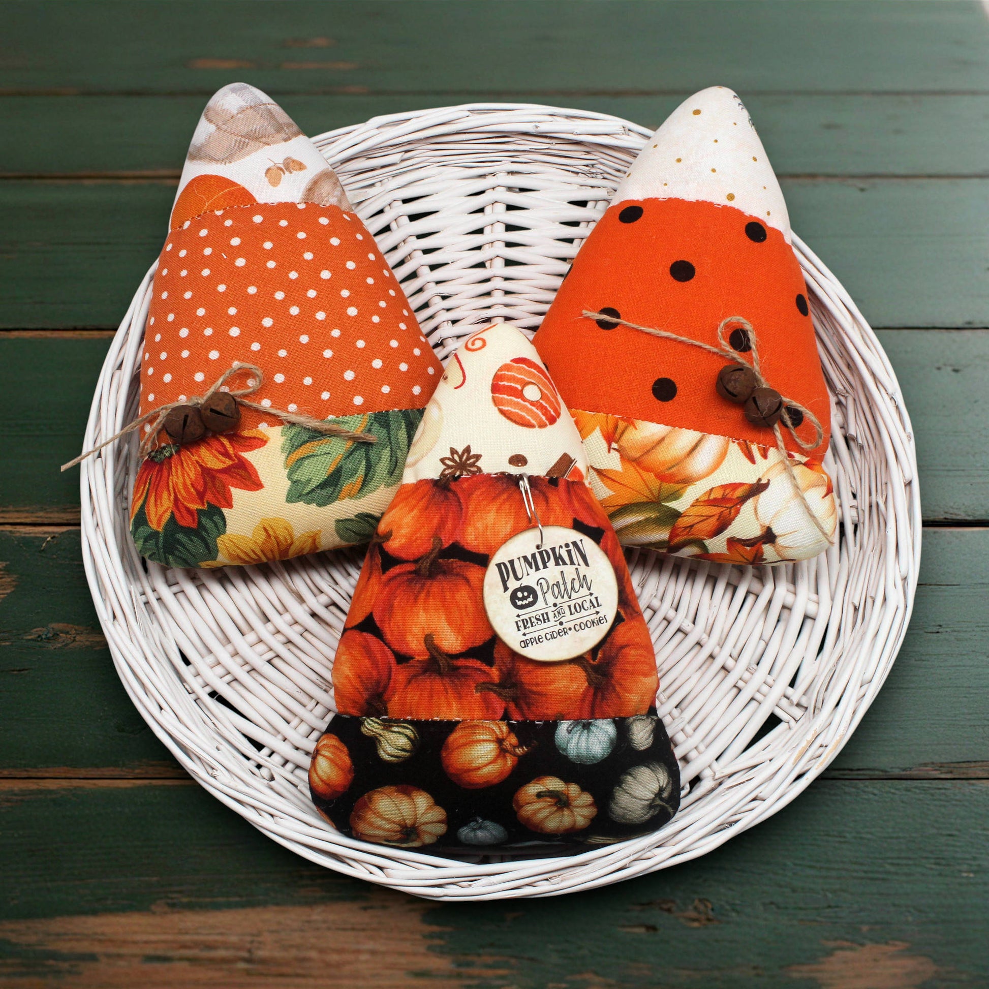 Set of three colorful fabric candy corn autumn bowl fillers