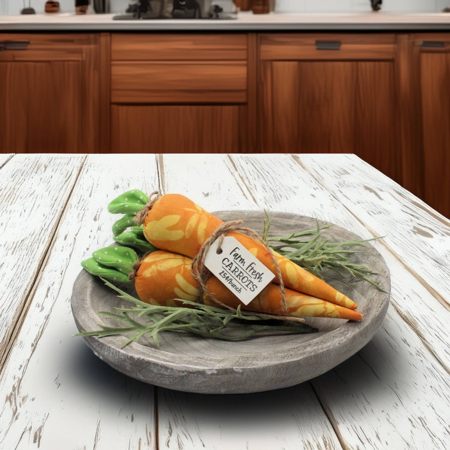 Decorative carrots on a wooden plate with a kitchen background