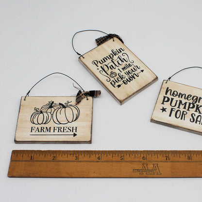 Three wooden signs with autumn-themed text and graphics, one with a ruler for scale.