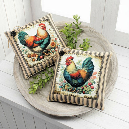 Two decorative pillows with chicken designs on a round wooden tray.