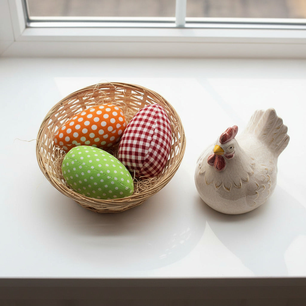 Wicker basket with fabric eggs in polka dot and checkered patterns on a white background