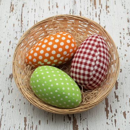 Set of three fabric eggs in a basket