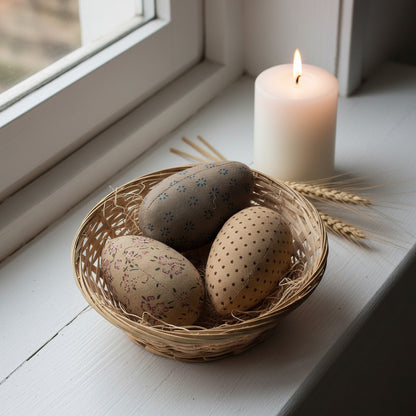 Decorative eggs with floral and star patterns in a wicker basket on a white background