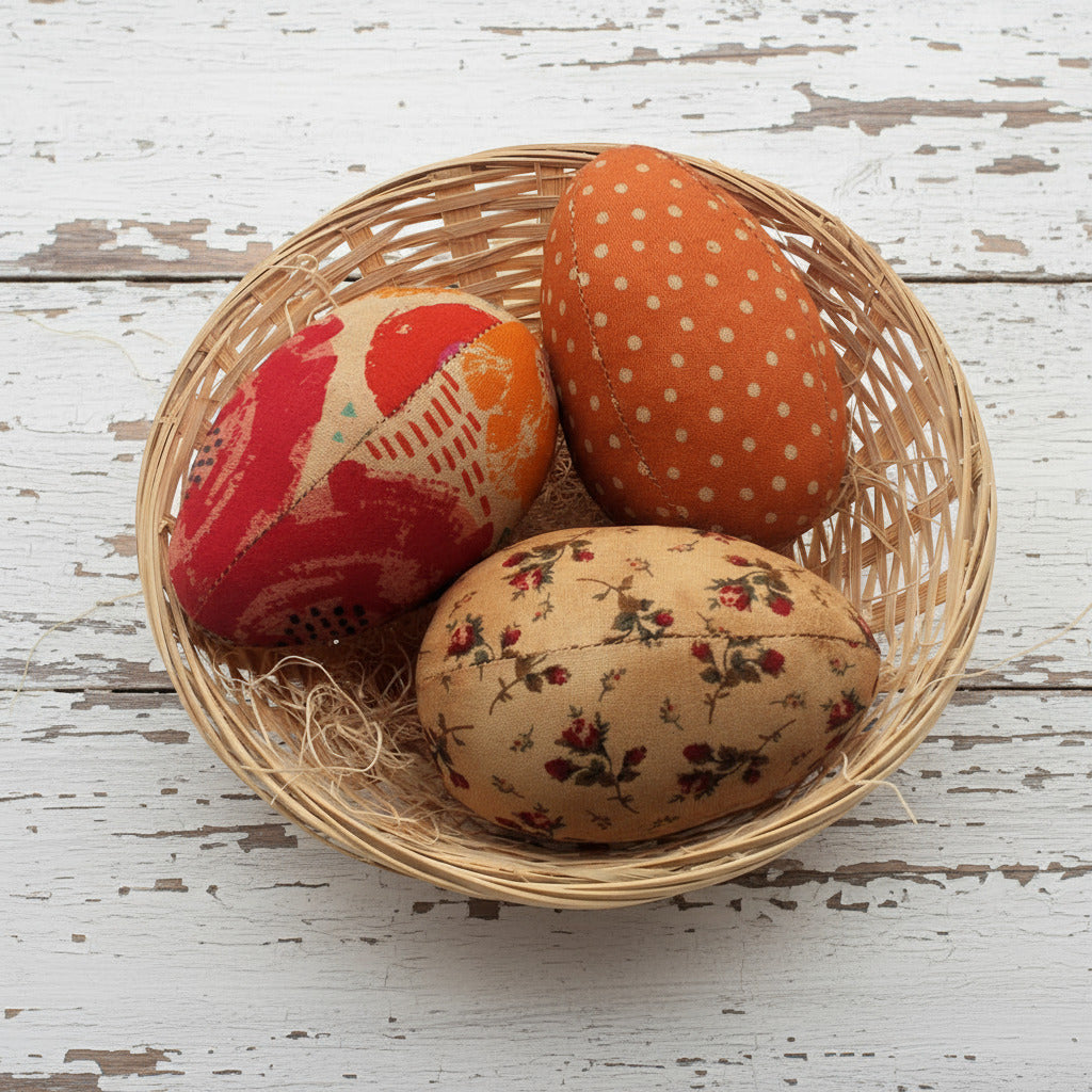 Decorative fabric eggs with floral and polka dot patterns in a woven basket on a white background