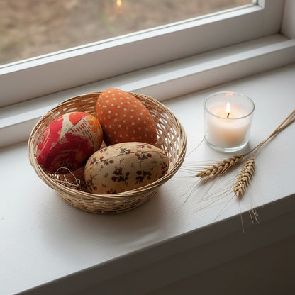 Decorative eggs with floral and polka dot patterns in a woven basket on a white background