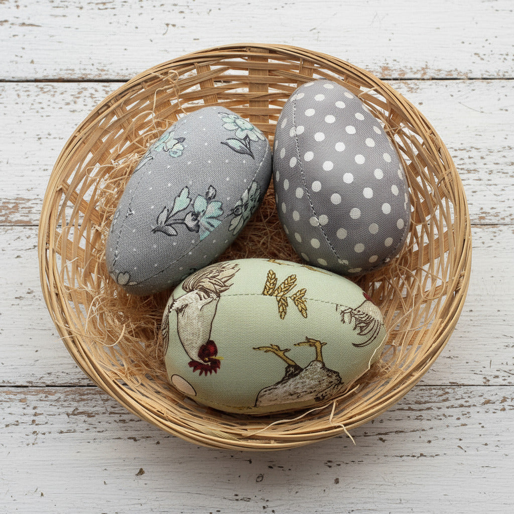 Decorative fabric egg bowl fillers in a wicker basket on a white background