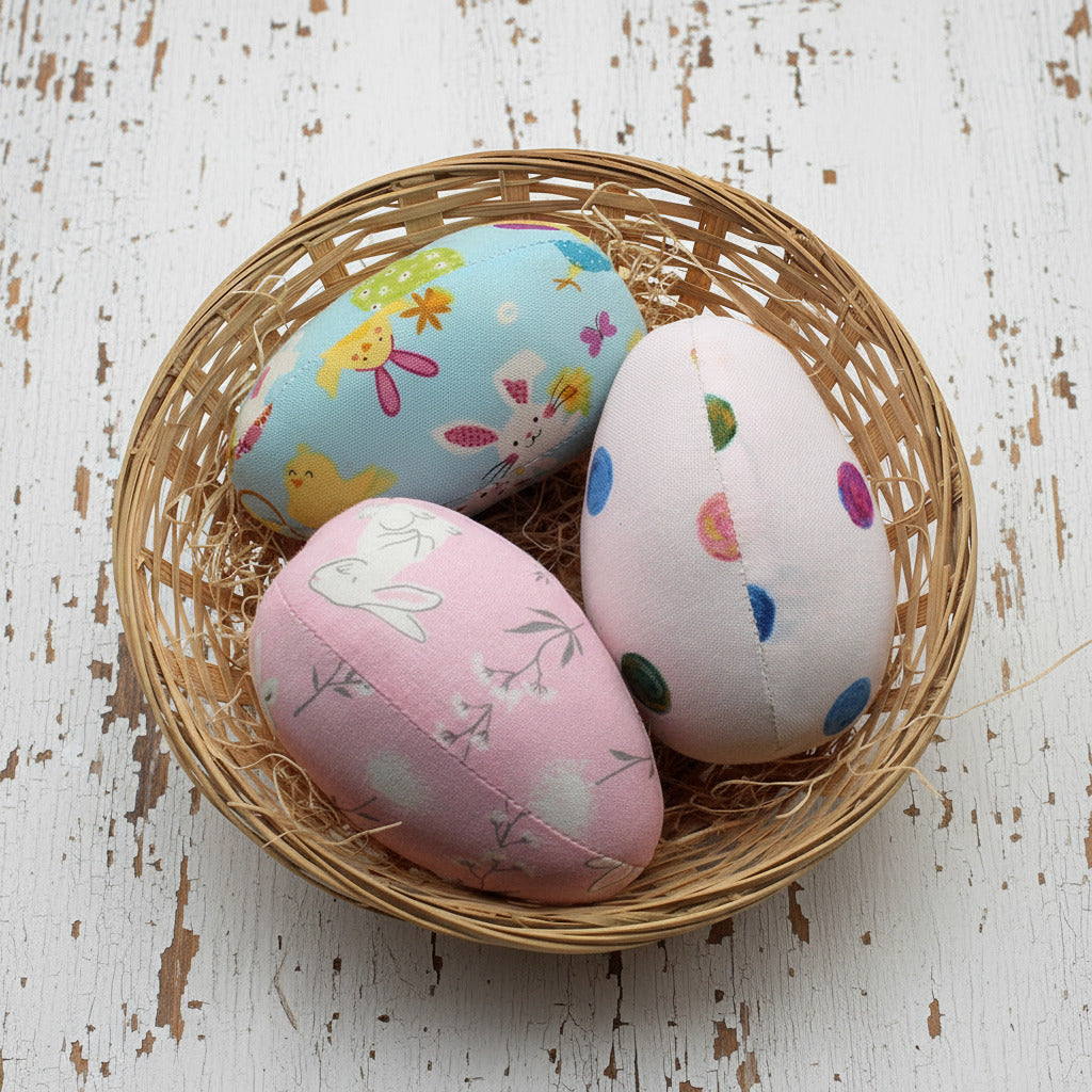 Decorative Easter eggs with patterns in a wicker basket on a white background
