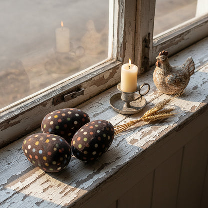 Three brown fabric eggs with polka dots