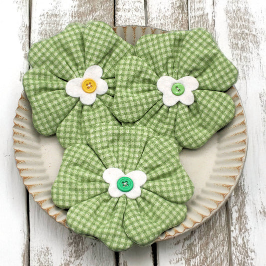 Fabric flower bowl fillers in a spring green check pattern
