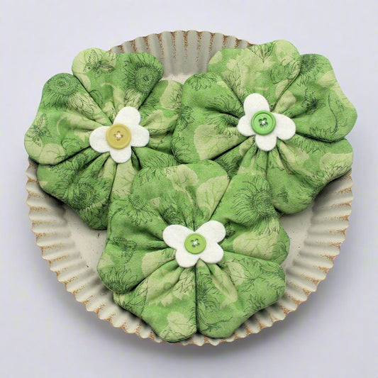 Fabric flower bowl fillers in a spring green print