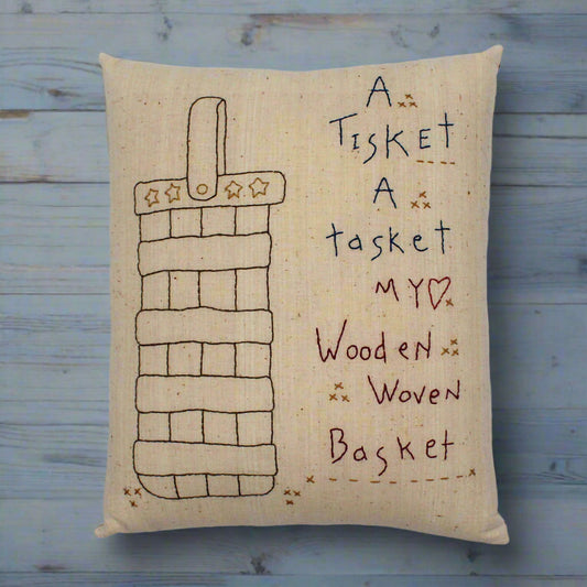 Decorative pillow with a wooden woven basket illustration and text