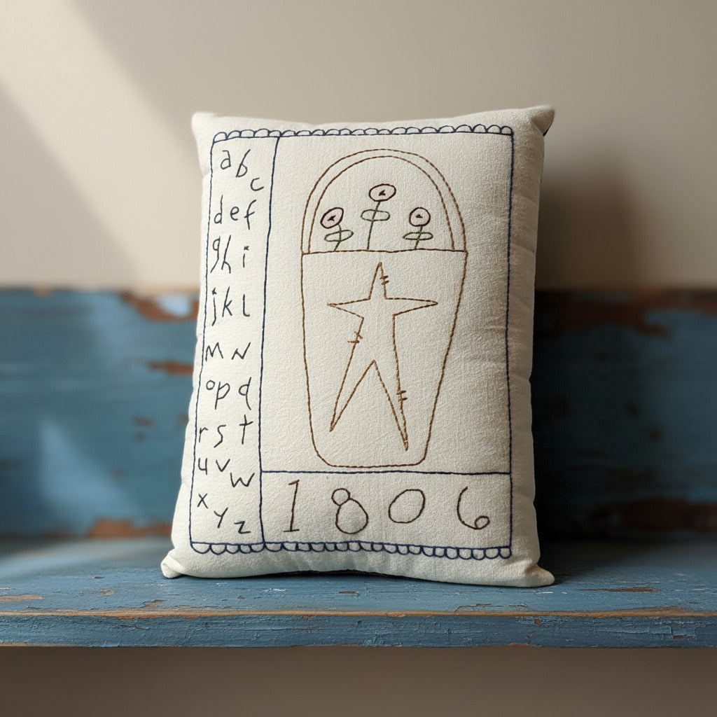 Hand-stitched decorative pillow with a primitive sampler and basket design
