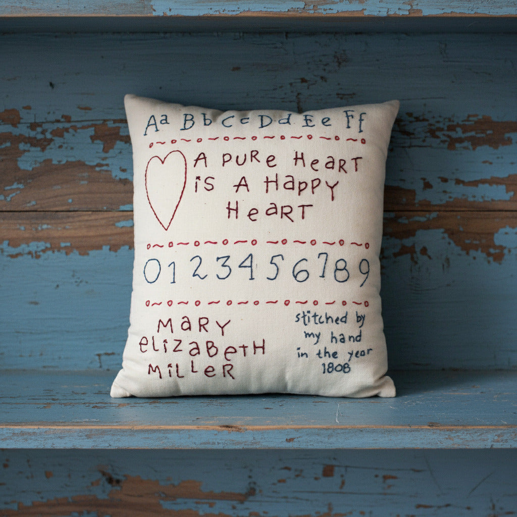 Hand-stitched decorative pillow with a happy heart sampler design