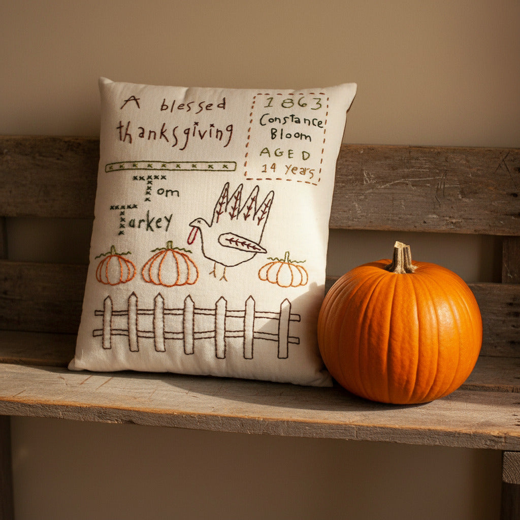 Decorative hand-stitched pillow with a Thanksgiving turkey design