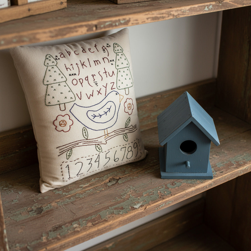 Hand-stitched decorative pillow with a bluebird and sampler design