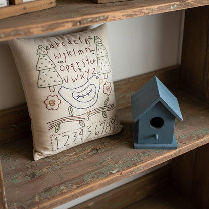 Hand-stitched decorative pillow with a bluebird and sampler design