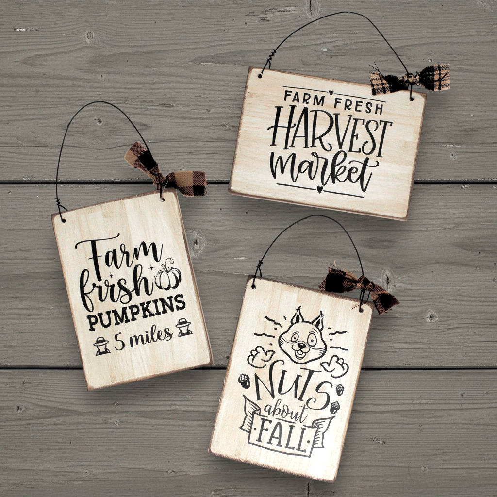 Three wooden signs with autumn-themed text and graphics on a wooden background