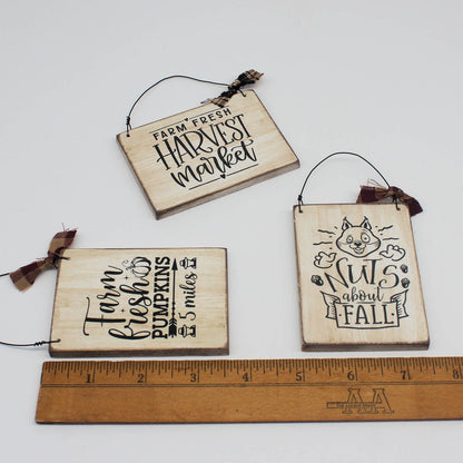 Three wooden signs with autumn-themed text on a white background, with a ruler for scale.