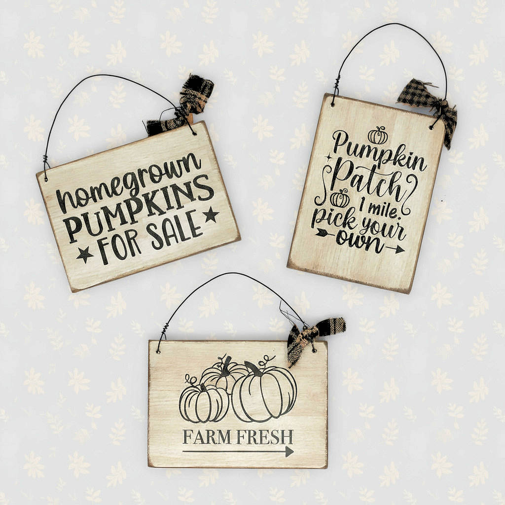 Three wooden signs with autumn-themed text and graphics on a light background.