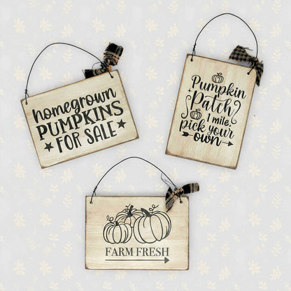 Three wooden signs with autumn-themed text and graphics on a light background.