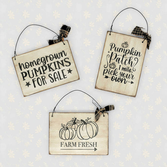 Three wooden signs with autumn-themed text and graphics on a light background.