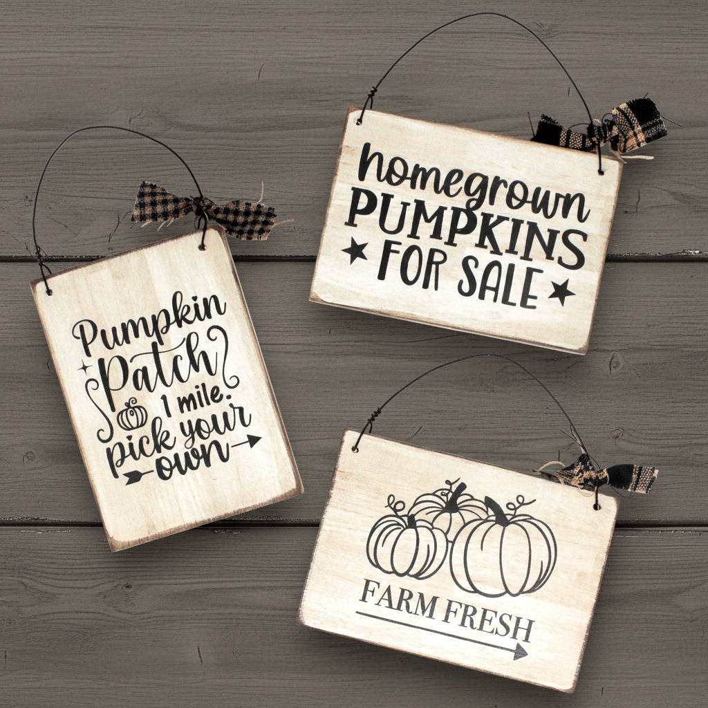 Three wooden signs with pumpkin-themed text on a wooden surface