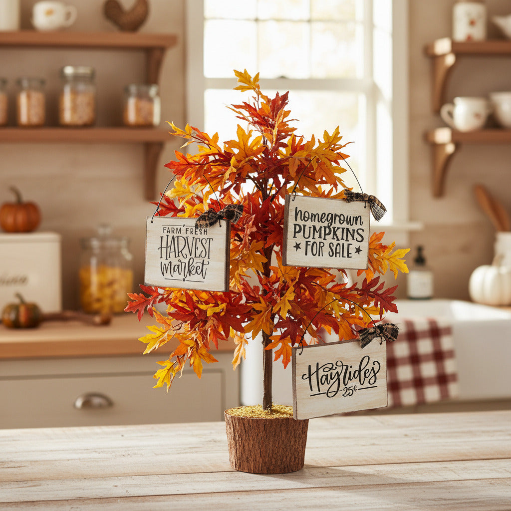 Decorative potted tree with autumn leaves and signs in a kitchen setting