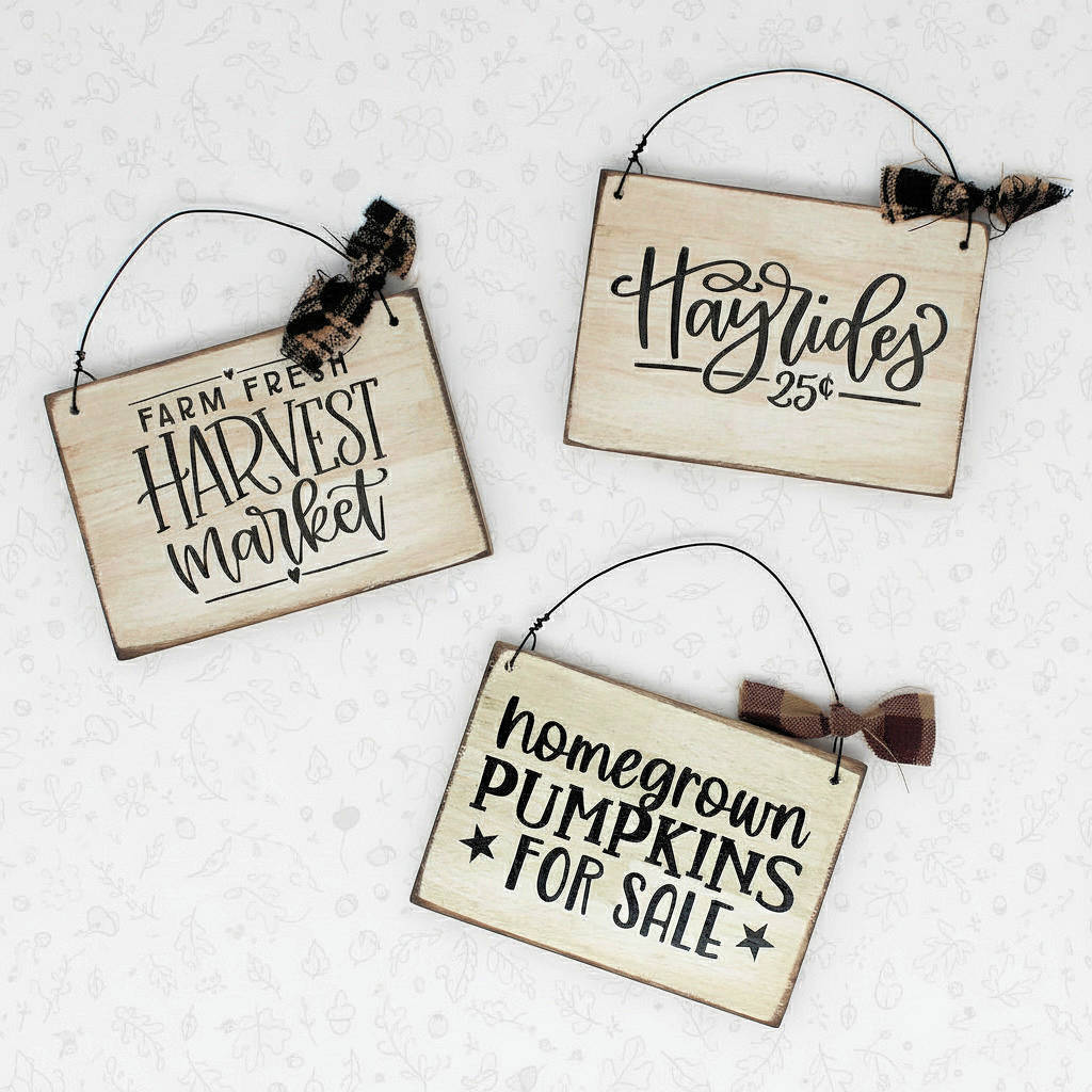 Three wooden signs with rustic text on a textured white background