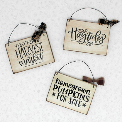 Three wooden signs with rustic text on a textured white background