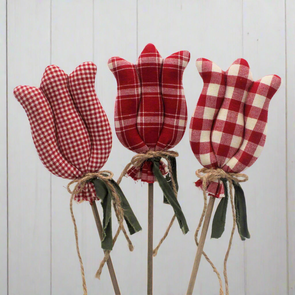 Three fabric tulips with red and white checkered pattern