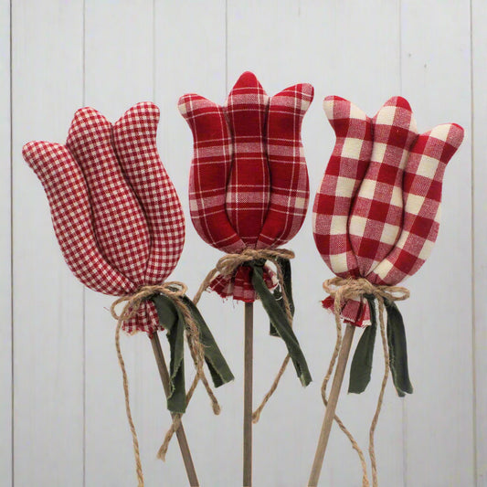 Three fabric tulips with red and white checkered pattern