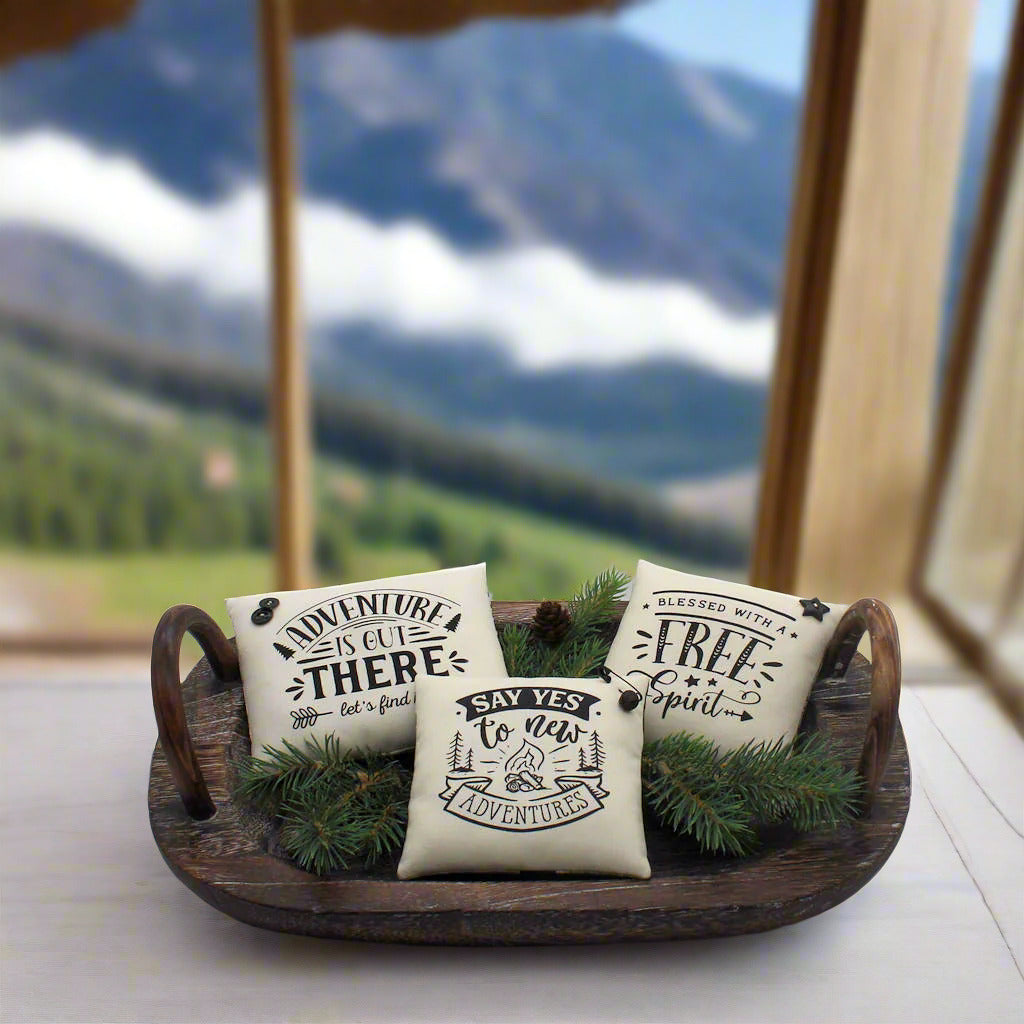 Three decorative pillows with text on a wooden tray with greenery