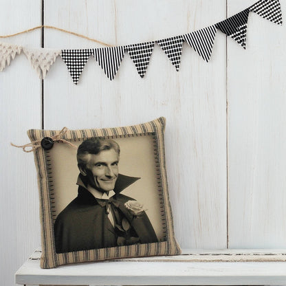 Decorative pillow with a vintage-style portrait on a wooden surface with a banner in the background.
