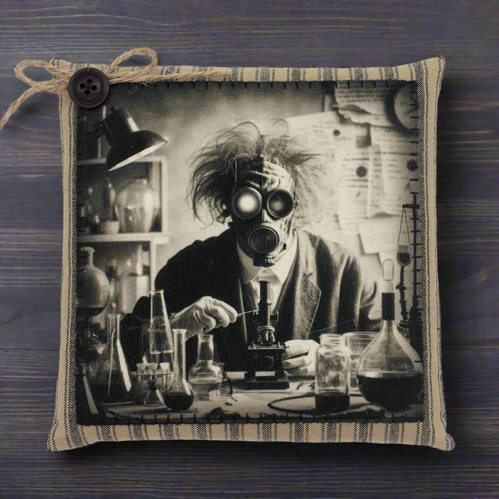 Pillow with a vintage-style print of a scientist in a lab wearing a gas mask.