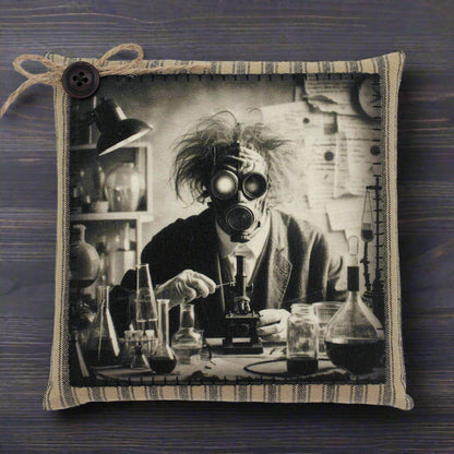 Pillow with a vintage-style print of a scientist in a lab wearing a gas mask.
