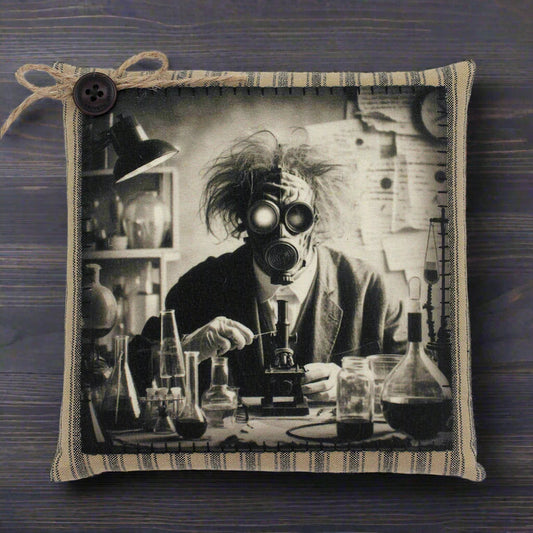 Pillow with a vintage-style print of a scientist in a lab wearing a gas mask.