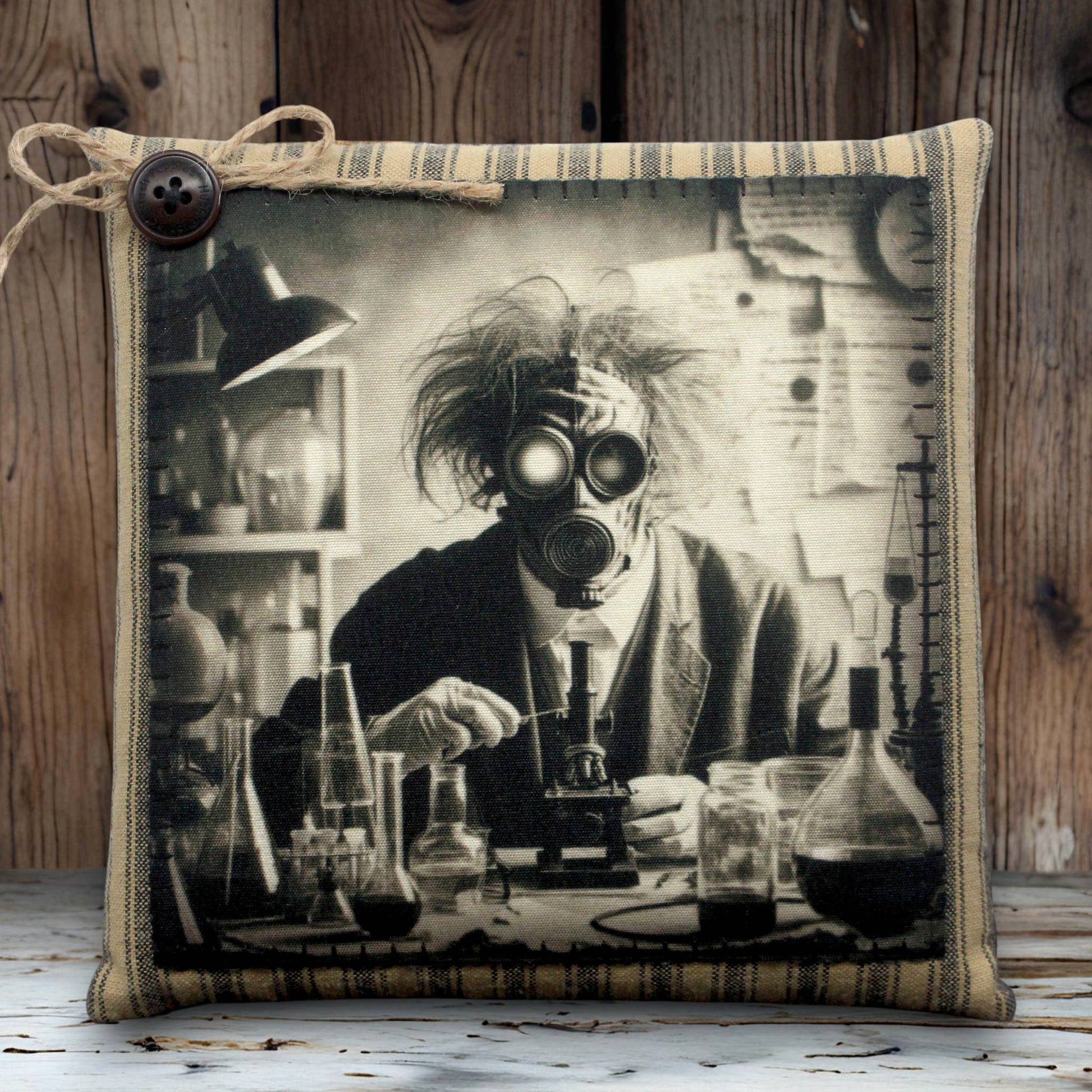 Pillow with a vintage-style print of a scientist in a lab wearing a gas mask.